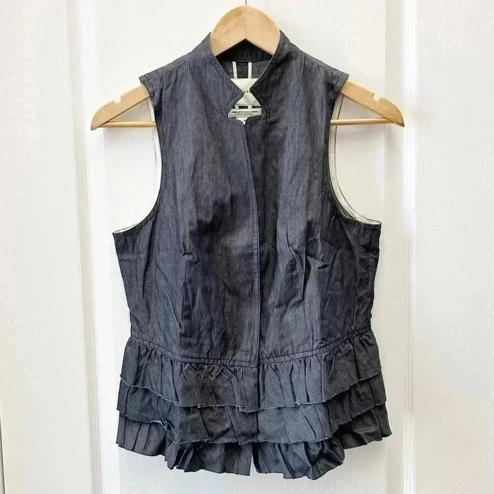 Banana Republic Vest Tailored Ruffle Italian Cotton Sleeveless Blue Size 6 NWT - Picture 3 of 16